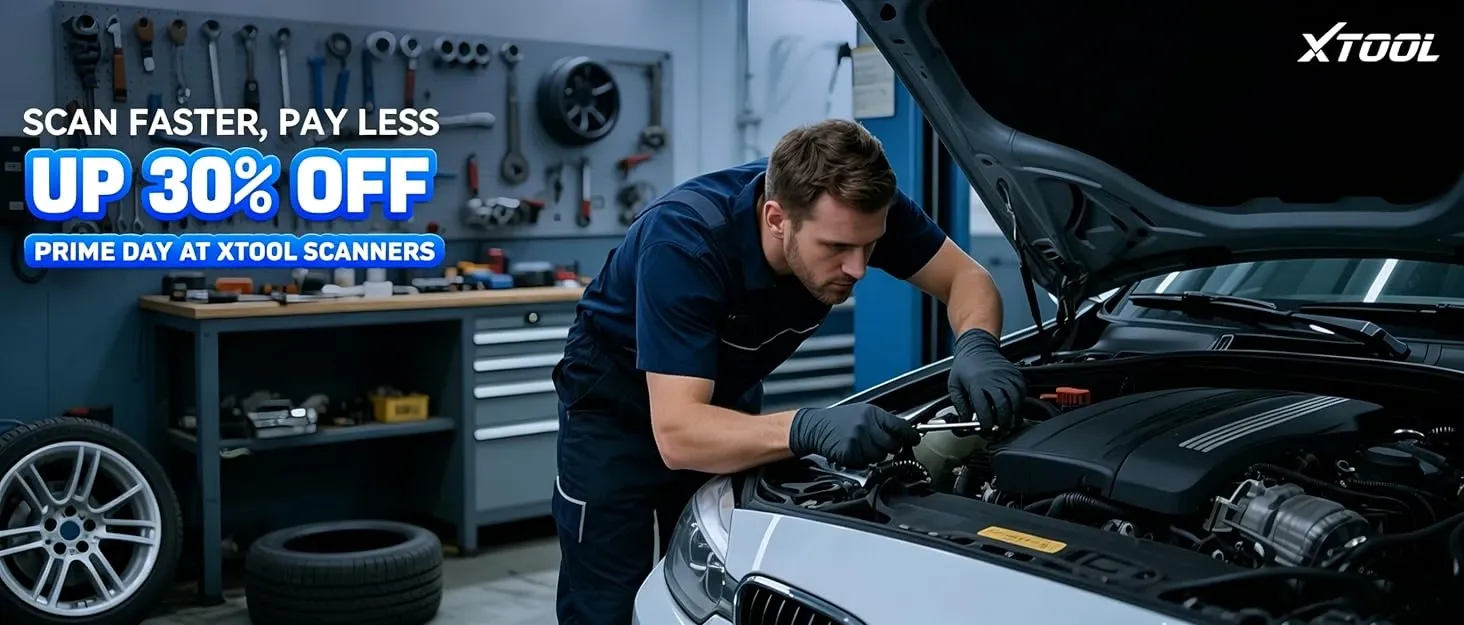 Mechanic working under an open car bonnet in a workshop with promotional text advertising up to 30% off XTOOL scanners.